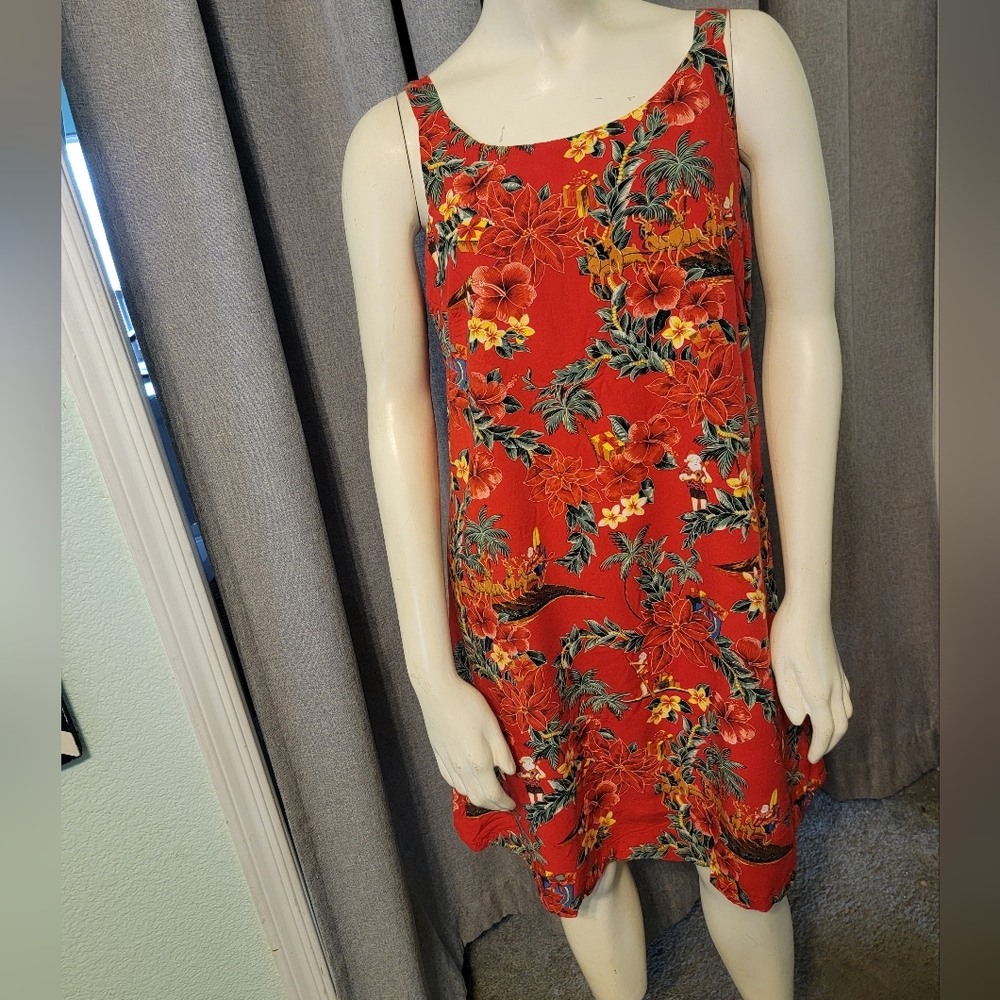 Vtg Bishop St. Hawaiian Christmas Poinsettia Santa Reindeer Sleigh Dress Sz S